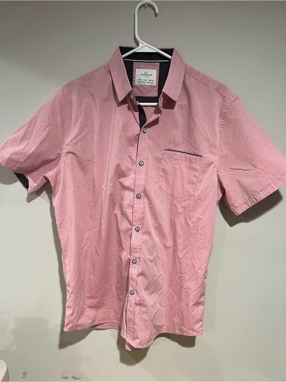 Craft + Flow Pink Short Sleeve Button Down Shirt Contrast Trim, Size: M